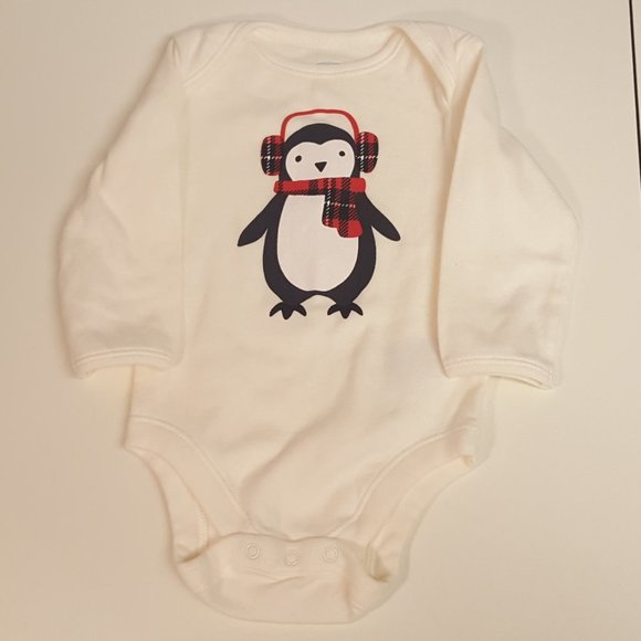 Old Navy Winter Penguin Red Plaid Onesie Set - Picture 3 of 6